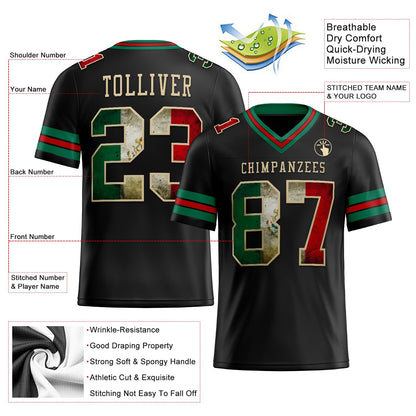 Custom Black Vintage Mexican Flag Kelly Green Red-City Cream Mesh Authentic Football Jersey - Sky-Custom