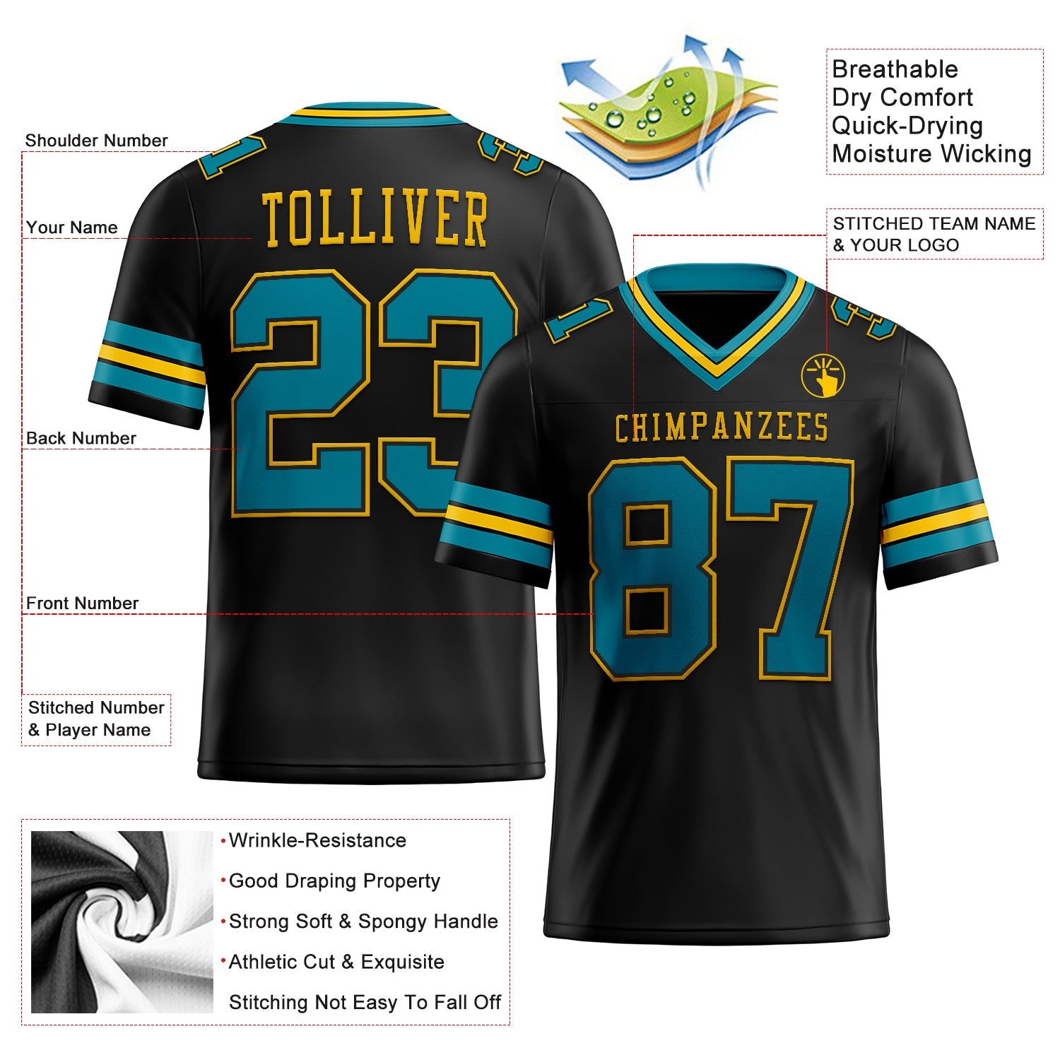 Custom Black Teal-Yellow Mesh Authentic Football Jersey - Sky-Custom