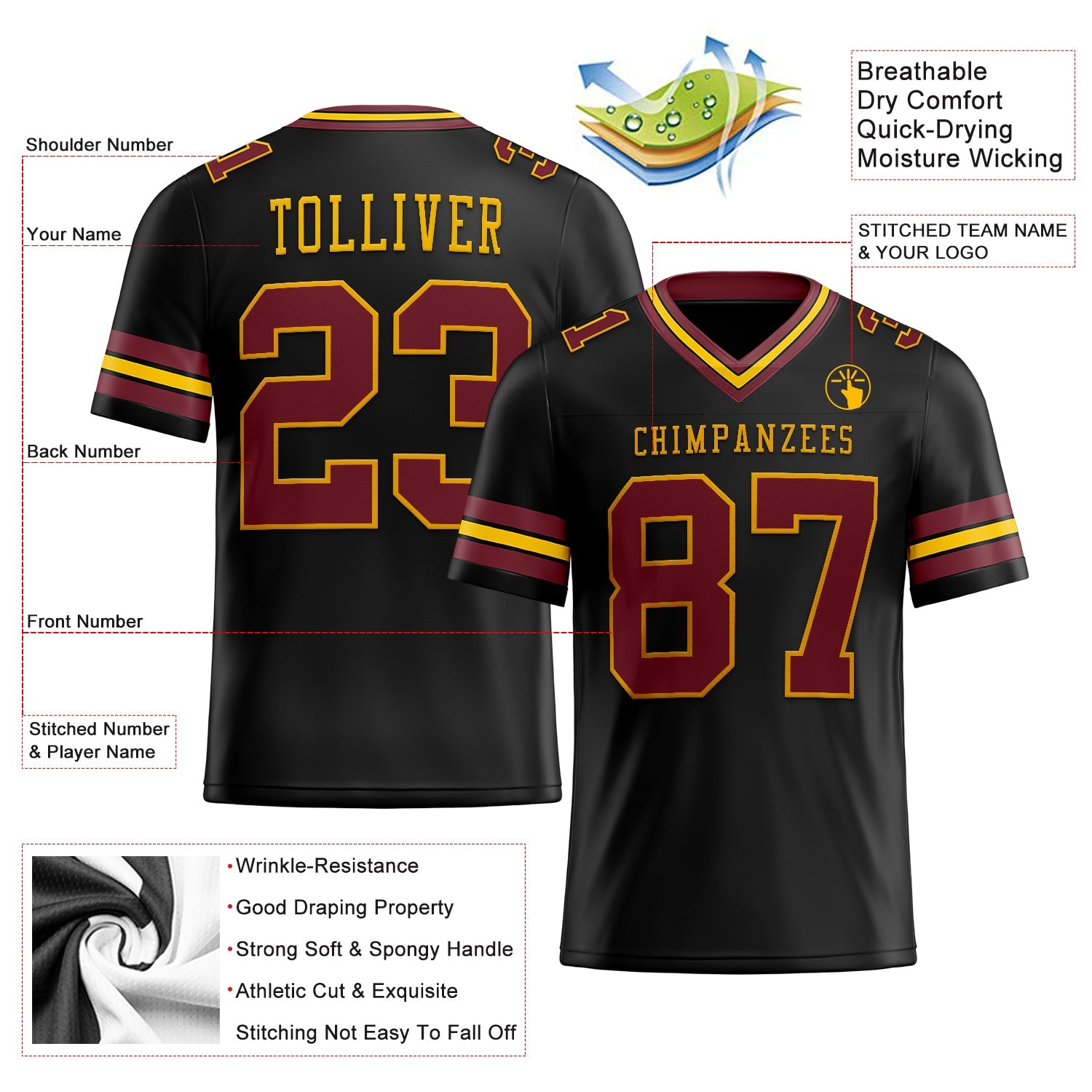 Custom Black Burgundy-Gold Mesh Authentic Football Jersey - Sky-Custom