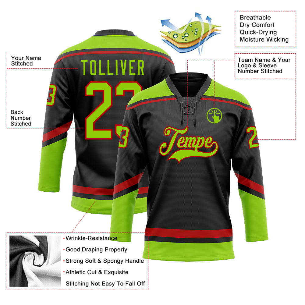 Custom Black Neon Green-Red Hockey Lace Neck Jersey - Sky-Custom