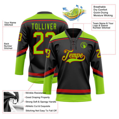 Custom Black Neon Green-Red Hockey Lace Neck Jersey - Sky-Custom