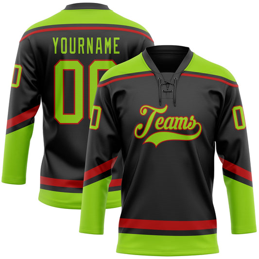 Custom Black Neon Green-Red Hockey Lace Neck Jersey - Sky-Custom