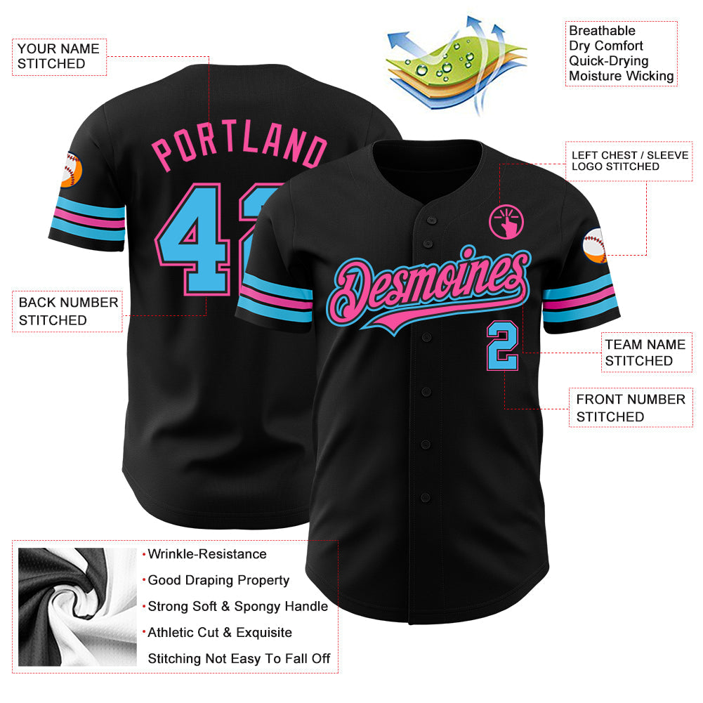 Custom Black Sky Blue-Pink Authentic Baseball Jersey - Sky-Custom