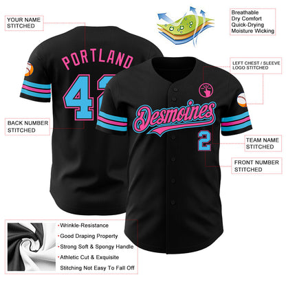 Custom Black Sky Blue-Pink Authentic Baseball Jersey - Sky-Custom