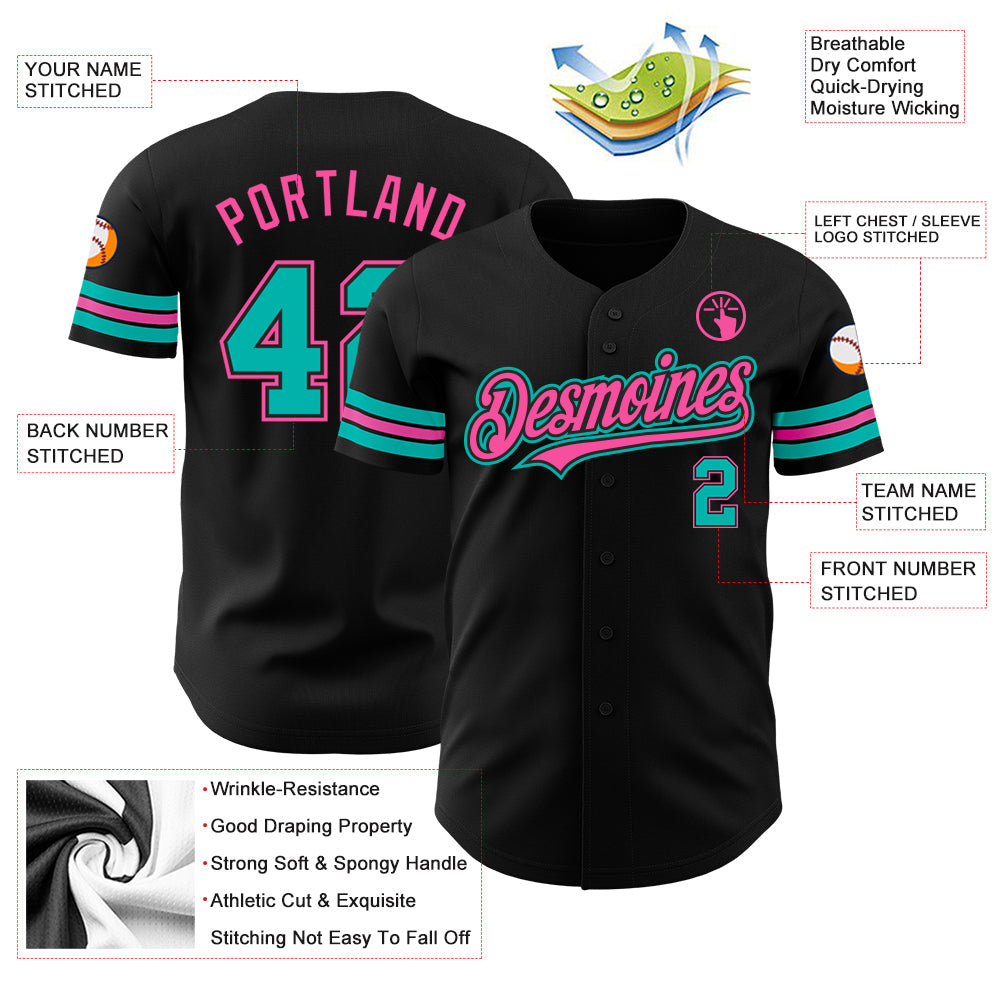Custom Black Aqua-Pink Authentic Baseball Jersey - Sky-Custom