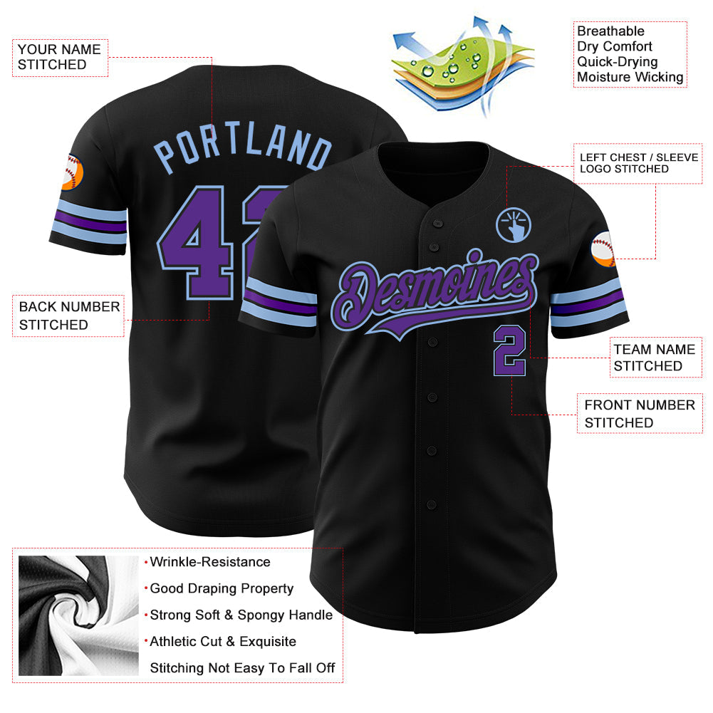 Custom Black Purple-Light Blue Authentic Baseball Jersey - Sky-Custom