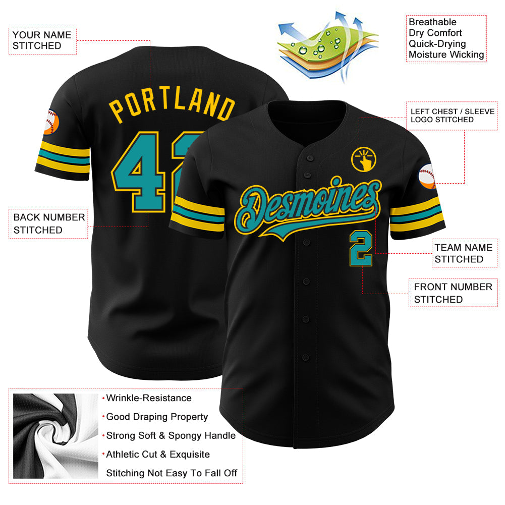 Custom Black Teal-Yellow Authentic Baseball Jersey - Sky-Custom