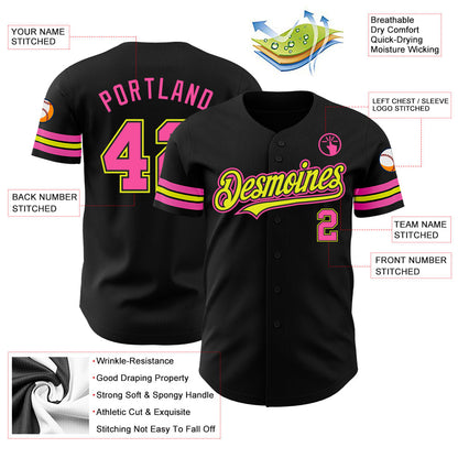 Custom Black Pink-Neon Yellow Authentic Baseball Jersey - Sky-Custom