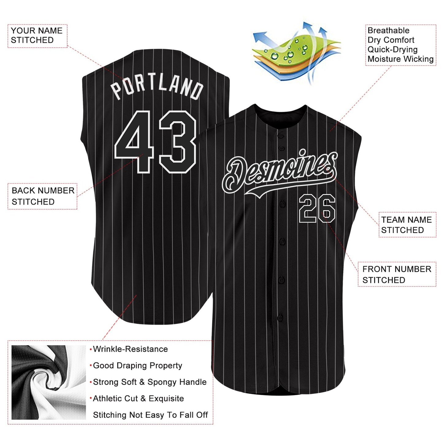 Custom Black White Pinstripe White Authentic Sleeveless Baseball Jersey - Sky-Custom