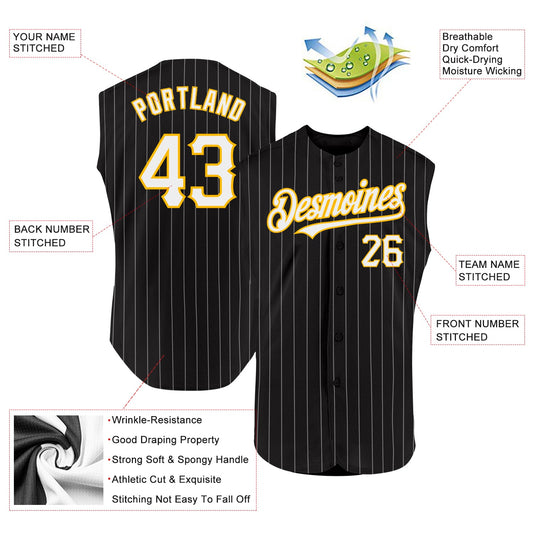 Custom Black White Pinstripe Gold Authentic Sleeveless Baseball Jersey - Sky-Custom