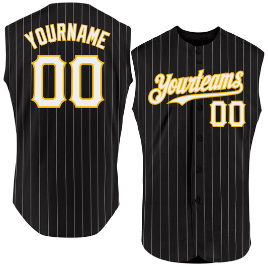 Custom Black White Pinstripe Gold Authentic Sleeveless Baseball Jersey - Sky-Custom