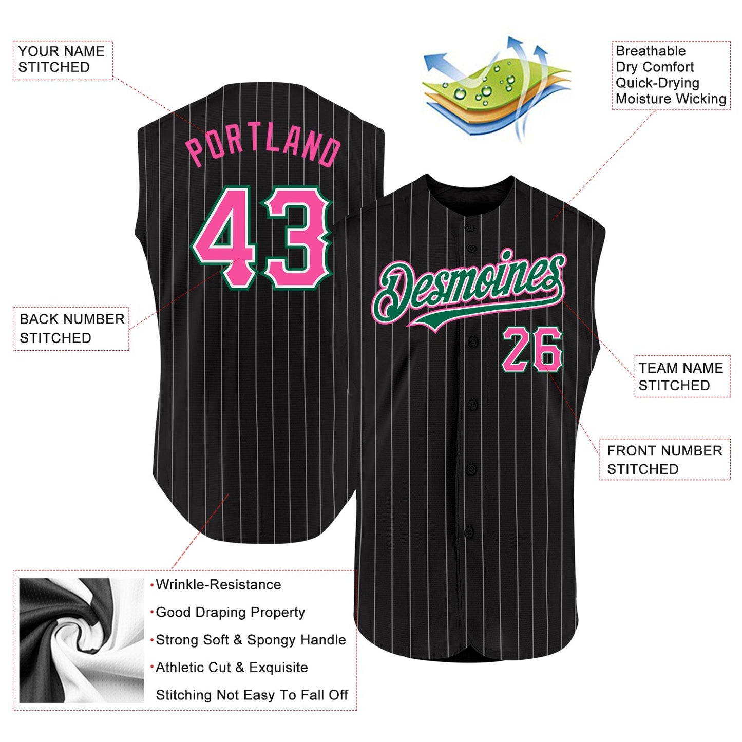 Custom Black White Pinstripe Pink-Kelly Green Authentic Sleeveless Baseball Jersey - Sky-Custom