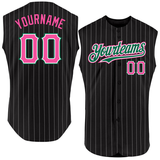 Custom Black White Pinstripe Pink-Kelly Green Authentic Sleeveless Baseball Jersey - Sky-Custom