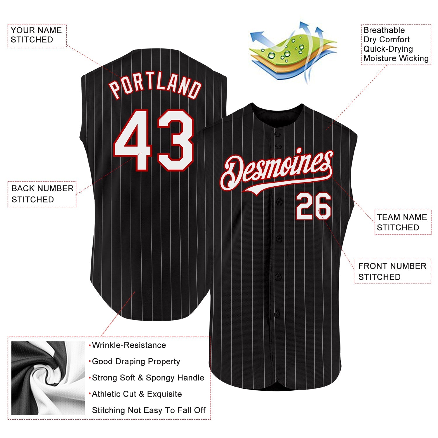 Custom Black White Pinstripe Red Authentic Sleeveless Baseball Jersey - Sky-Custom