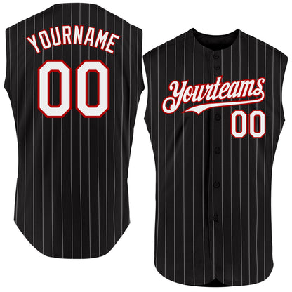 Custom Black White Pinstripe Red Authentic Sleeveless Baseball Jersey - Sky-Custom