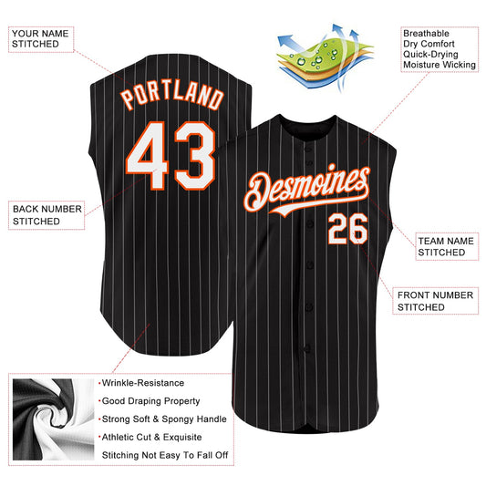 Custom Black White Pinstripe Orange Authentic Sleeveless Baseball Jersey - Sky-Custom