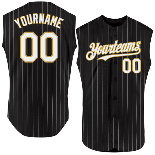 Custom Black White Pinstripe Old Gold Authentic Sleeveless Baseball Jersey - Sky-Custom