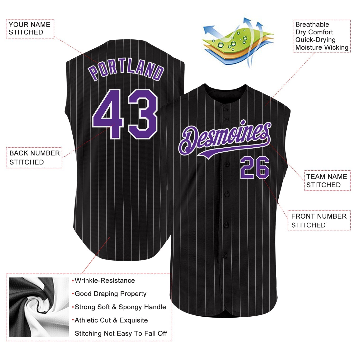 Custom Black White Pinstripe Purple Authentic Sleeveless Baseball Jersey - Sky-Custom