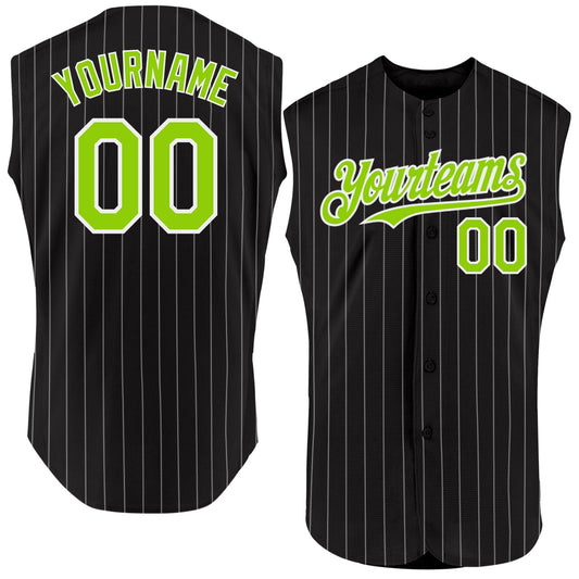 Custom Black White Pinstripe Neon Green Authentic Sleeveless Baseball Jersey - Sky-Custom