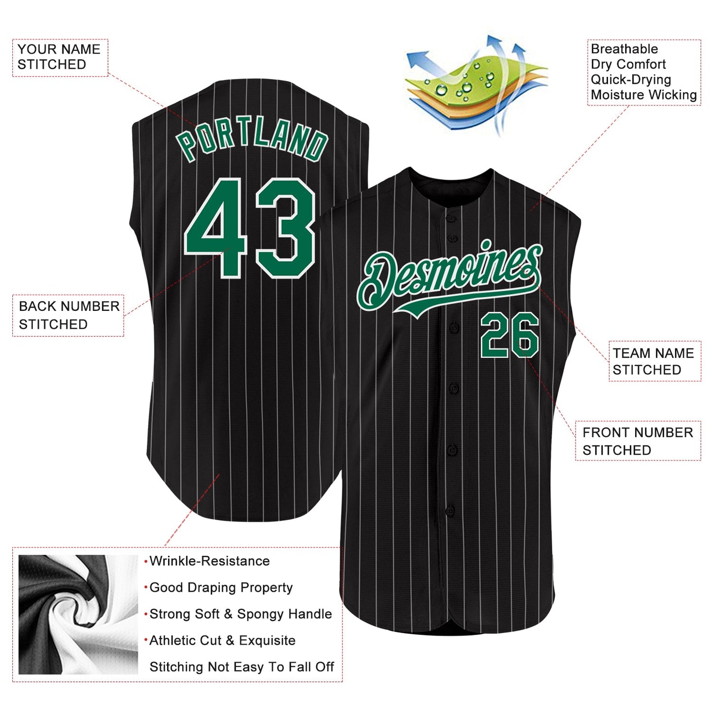 Custom Black White Pinstripe Kelly Green Authentic Sleeveless Baseball Jersey - Sky-Custom