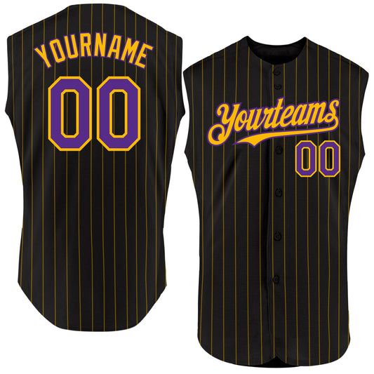 Custom Black Gold Pinstripe Purple Authentic Sleeveless Baseball Jersey - Sky-Custom