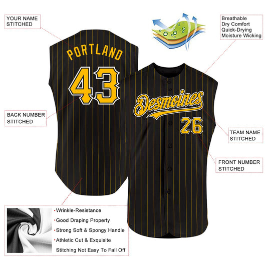 Custom Black Gold Pinstripe White Authentic Sleeveless Baseball Jersey - Sky-Custom