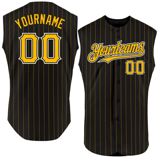 Custom Black Gold Pinstripe White Authentic Sleeveless Baseball Jersey - Sky-Custom