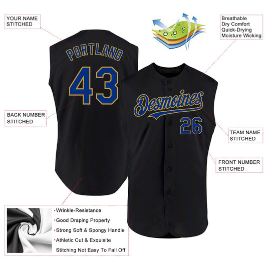 Custom Black Royal Pinstripe Old Gold Authentic Sleeveless Baseball Jersey - Sky-Custom