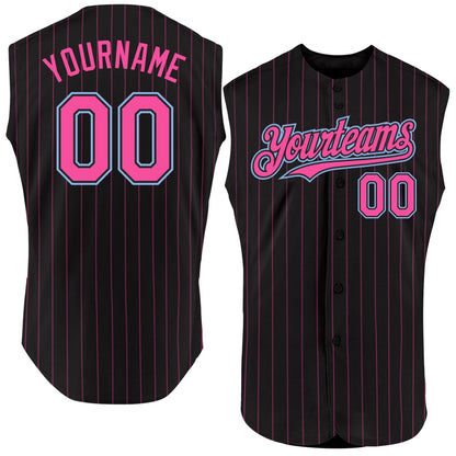 Custom Black Pink Pinstripe Light Blue Authentic Sleeveless Baseball Jersey - Sky-Custom