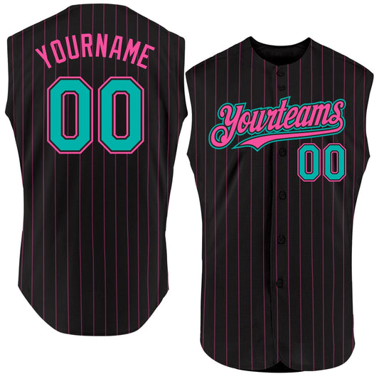 Custom Black Pink Pinstripe Aqua Authentic Sleeveless Baseball Jersey - Sky-Custom