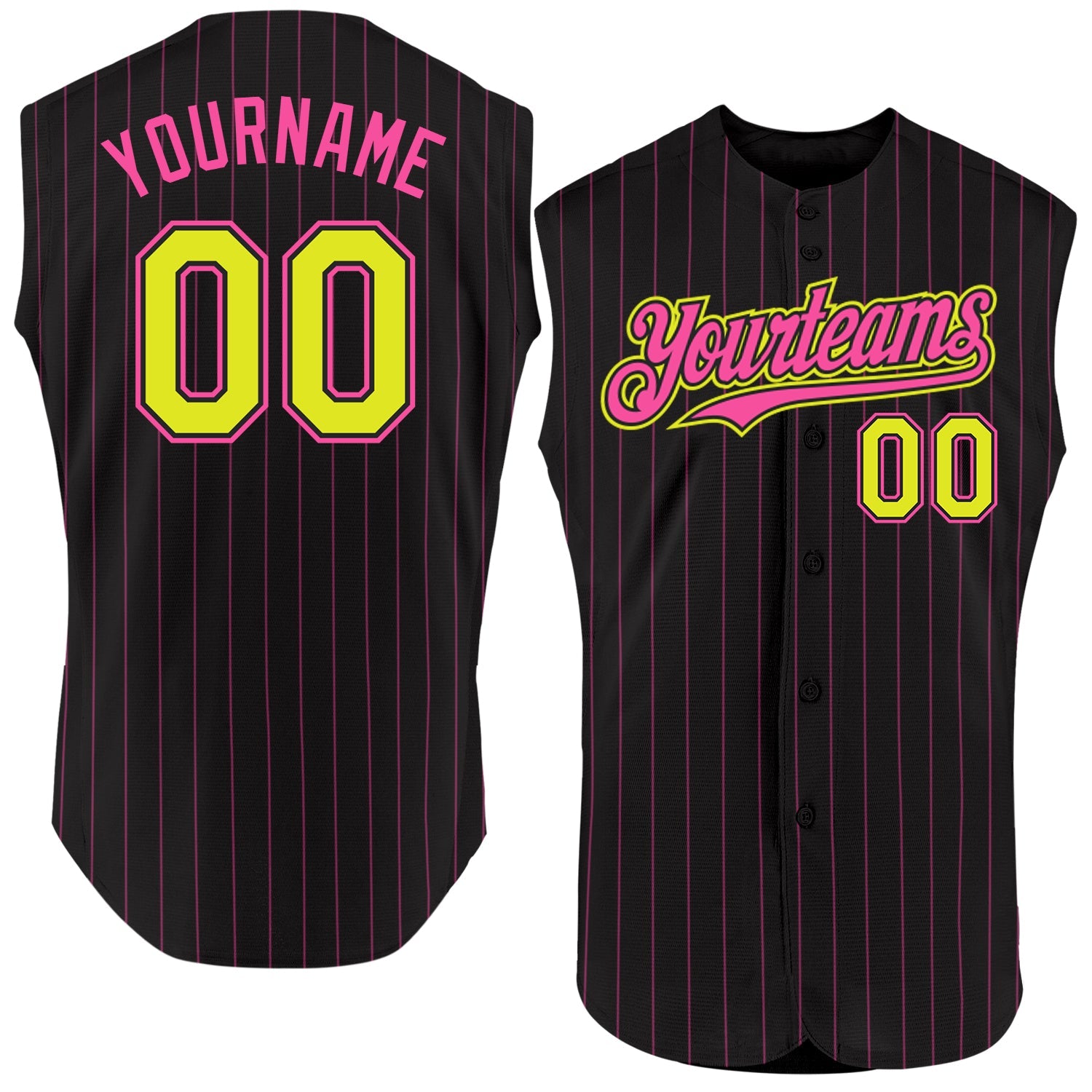 Custom Black Pink Pinstripe Neon Yellow Authentic Sleeveless Baseball Jersey - Sky-Custom