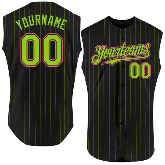 Custom Black Neon Green Pinstripe Pink Authentic Sleeveless Baseball Jersey - Sky-Custom