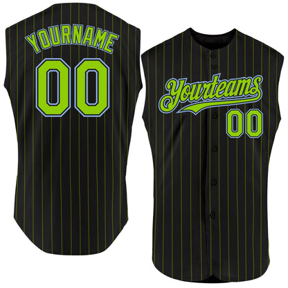 Custom Black Neon Green Pinstripe Light Blue Authentic Sleeveless Baseball Jersey - Sky-Custom