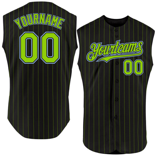 Custom Black Neon Green Pinstripe Light Blue Authentic Sleeveless Baseball Jersey - Sky-Custom