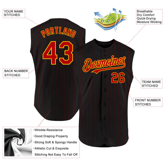 Custom Black Red Pinstripe Gold Authentic Sleeveless Baseball Jersey - Sky-Custom