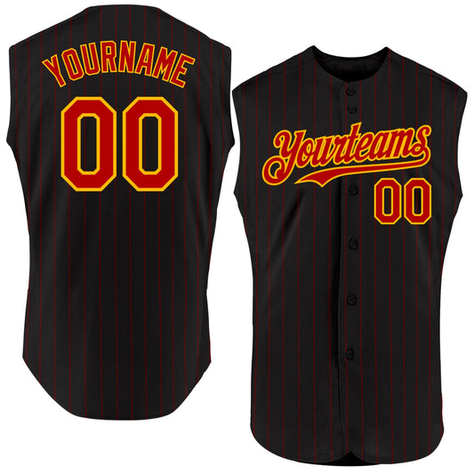 Custom Black Red Pinstripe Gold Authentic Sleeveless Baseball Jersey - Sky-Custom