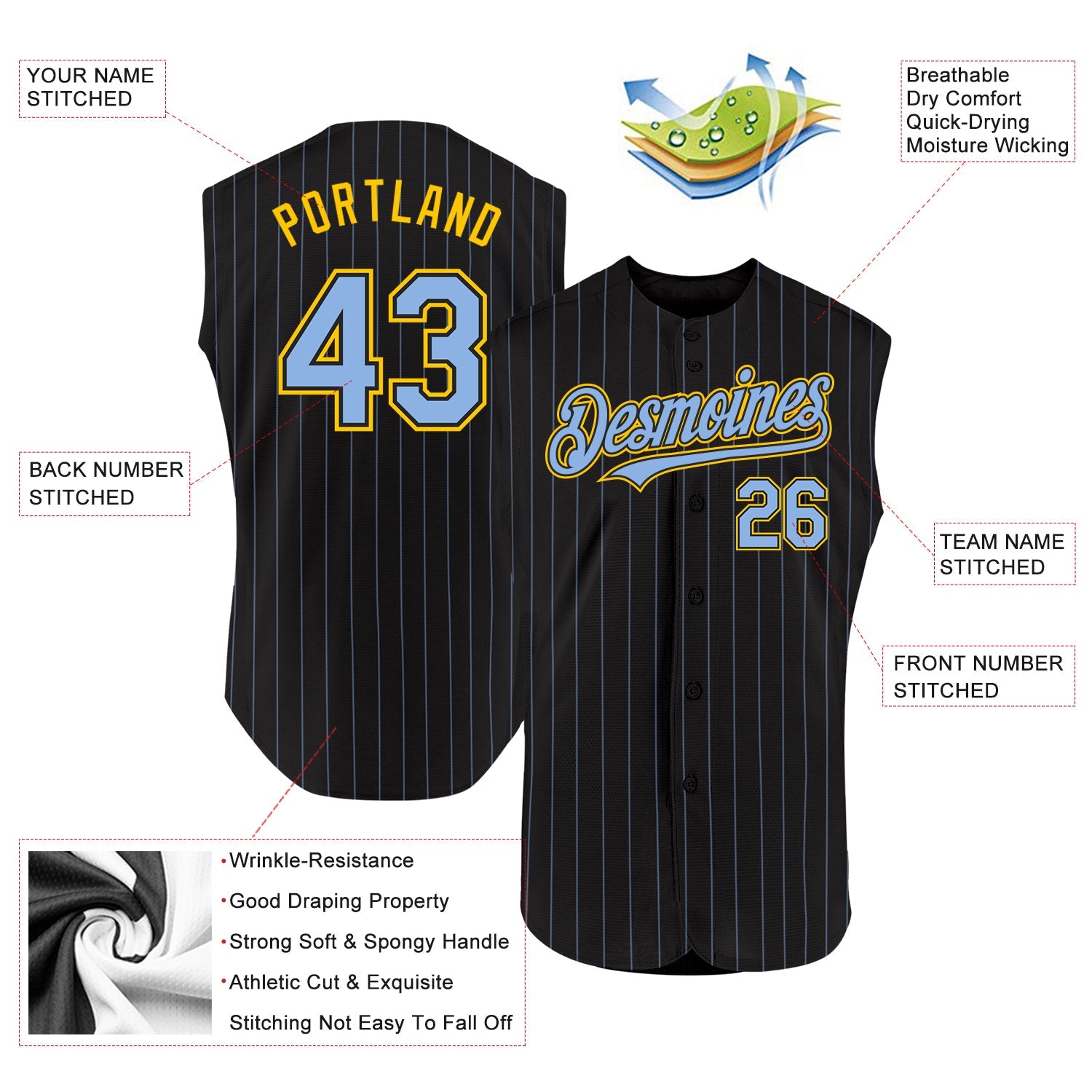 Custom Black Light Blue Pinstripe Yellow Authentic Sleeveless Baseball Jersey - Sky-Custom