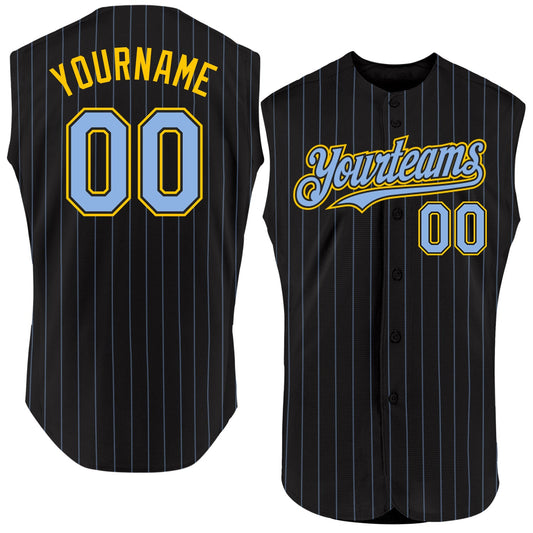 Custom Black Light Blue Pinstripe Yellow Authentic Sleeveless Baseball Jersey - Sky-Custom