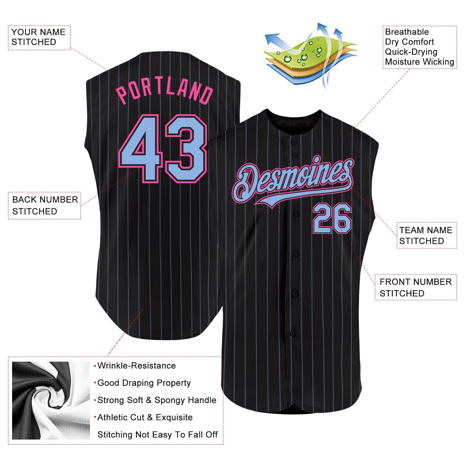 Custom Black Light Blue Pinstripe Pink Authentic Sleeveless Baseball Jersey - Sky-Custom