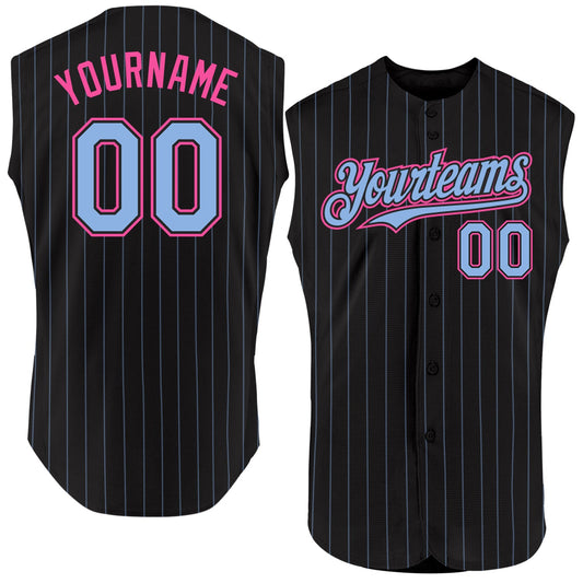 Custom Black Light Blue Pinstripe Pink Authentic Sleeveless Baseball Jersey - Sky-Custom