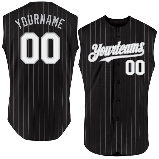 Custom Black Gray Pinstripe White Authentic Sleeveless Baseball Jersey - Sky-Custom