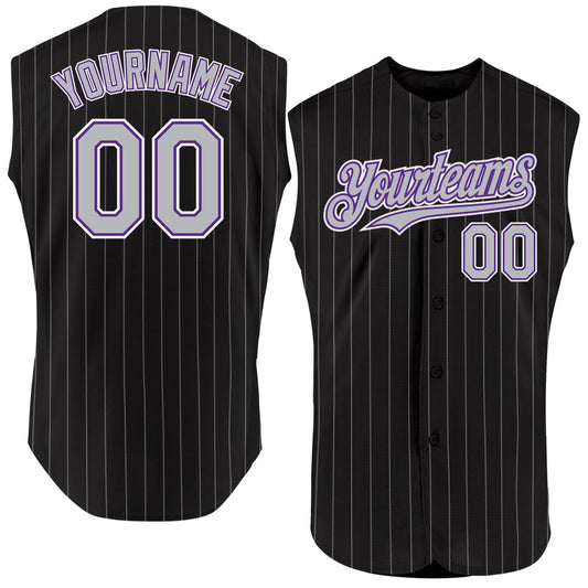 Custom Black Gray Pinstripe Purple-White Authentic Sleeveless Baseball Jersey - Sky-Custom
