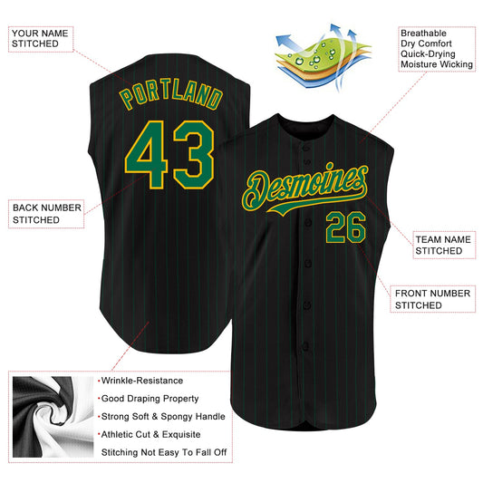 Custom Black Kelly Green Pinstripe Gold Authentic Sleeveless Baseball Jersey - Sky-Custom