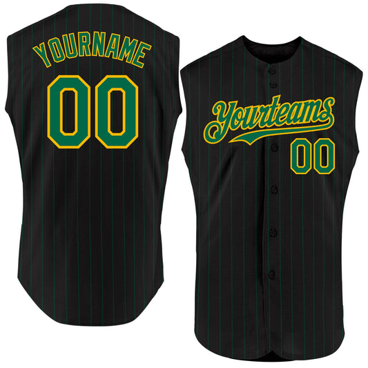 Custom Black Kelly Green Pinstripe Gold Authentic Sleeveless Baseball Jersey - Sky-Custom