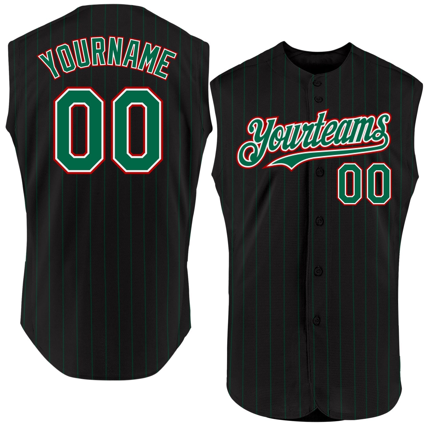 Custom Black Kelly Green Pinstripe White-Red Authentic Sleeveless Baseball Jersey - Sky-Custom