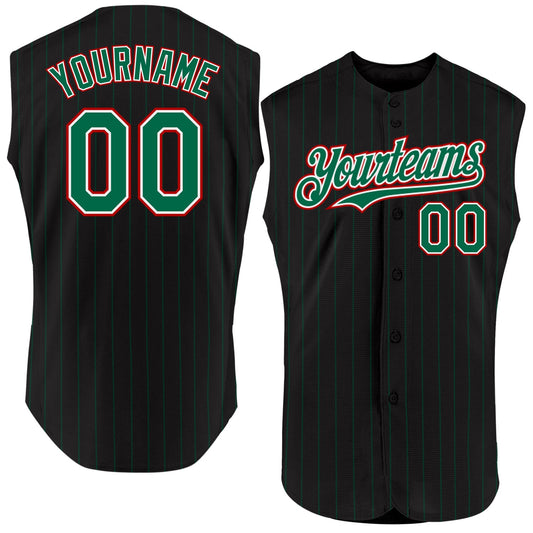 Custom Black Kelly Green Pinstripe White-Red Authentic Sleeveless Baseball Jersey - Sky-Custom