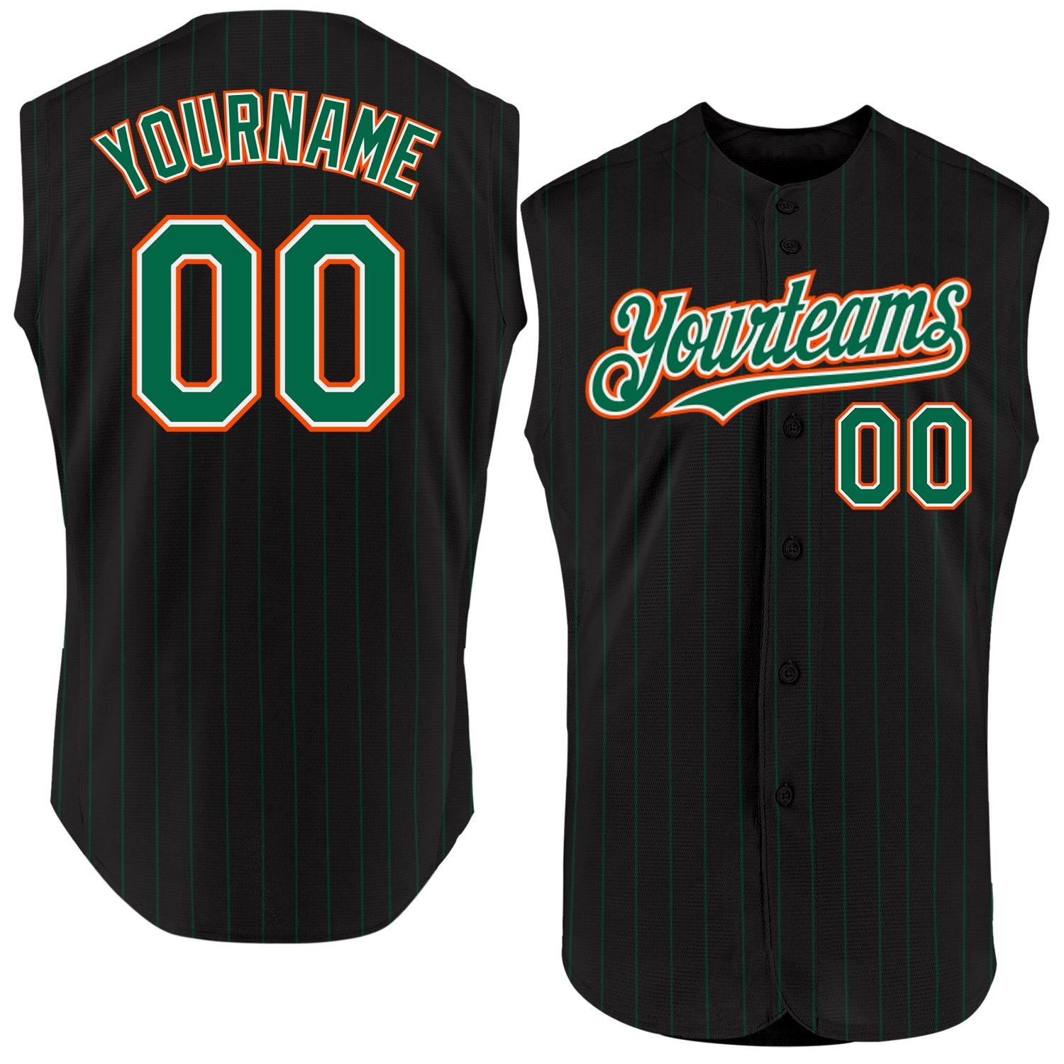 Custom Black Kelly Green Pinstripe White-Orange Authentic Sleeveless Baseball Jersey - Sky-Custom