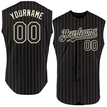 Custom Black Cream Pinstripe Cream Authentic Sleeveless Baseball Jersey - Sky-Custom
