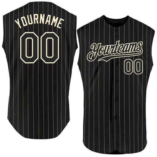 Custom Black Cream Pinstripe Cream Authentic Sleeveless Baseball Jersey - Sky-Custom