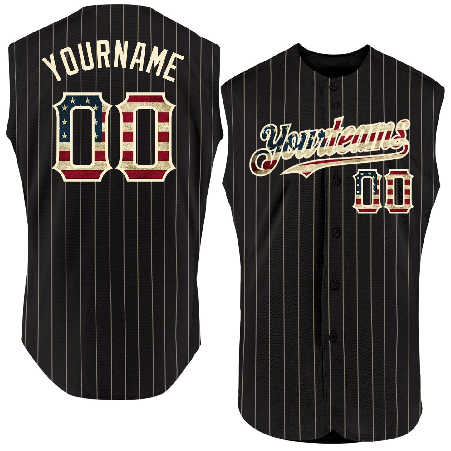 Custom Black Cream Pinstripe Vintage USA Flag Authentic Sleeveless Baseball Jersey - Sky-Custom